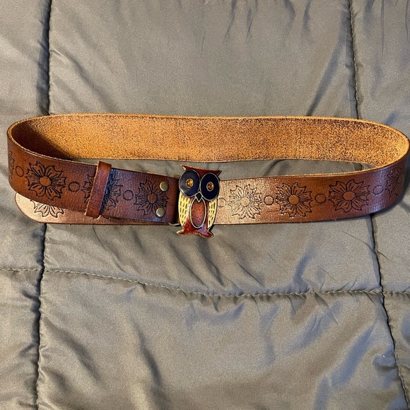 HOLLISTER VTG Tanned-Brown Leather OWL Buckle Belt Medium 40” - Picture 3 of 10